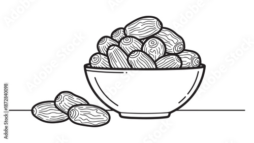 Black Line Art Illustration of Dates in a Bowl on White Background