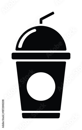 A black and white vector illustration of a takeout drink cup with lid and straw