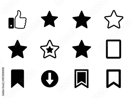 Modern flat black and white vector UI icons set featuring rating stars like download and bookmark symbols.