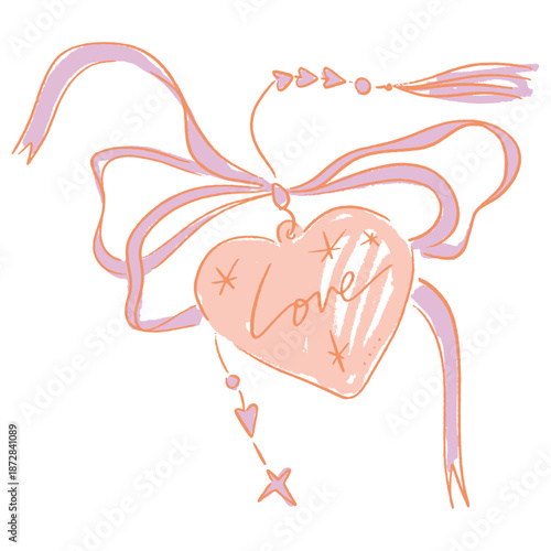 Heart locket with ribbon illustration. Whimsical wedding or Valentine Day illustration. Pink ribbon bow love coquette line vector jewelry pendants. Coquettecore doodle charm romantic graphic clipart.