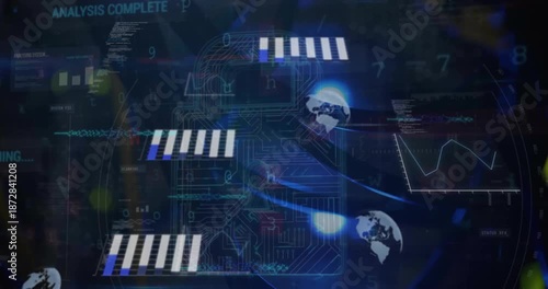 Animation of padlock, graphs, globes and computer language over abstract background