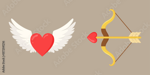 Vector illustration set featuring a red heart with white angelic wings and a golden Cupid's bow and arrow. Ideal romantic elements for Valentine's Day, wedding cards, posters, and love celebrations.
