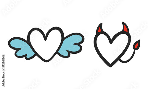 Angel and devil heart sketch set with blue wings, red horns and tail. Hand-drawn doodle icons representing good and evil love for Valentine's Day.  