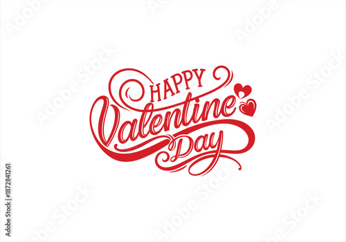 An elegant red calligraphic design wishes "Happy Valentine's Day" with beautiful flourishes and charming small hearts against a pristine white background