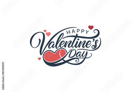 An exquisite script lettering graphic displaying "Happy Valentine's Day" incorporates a prominent red heart within its flowing design, surrounded by smaller hearts.