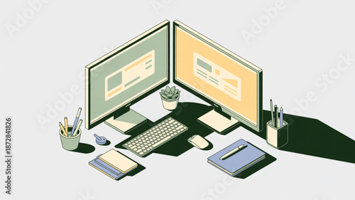 Isometric freelancer workplace illustration with two monitors showing website interface design layout