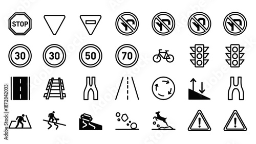 Collection of Various Black Road Signs.