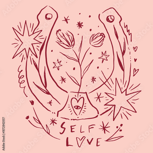 Bohemian western core self love groovy postmodern funky pink lucky horseshoe lettering label, boho hippie sketch hand-drawn illustration. Digital sticker, wild west cartoon doodles, tribal bohemian