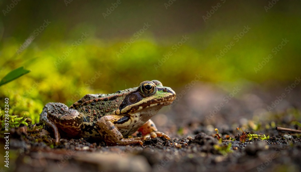Fototapeta premium Close-up of a frog sitting on the ground with a blurred background of green moss and foliage.