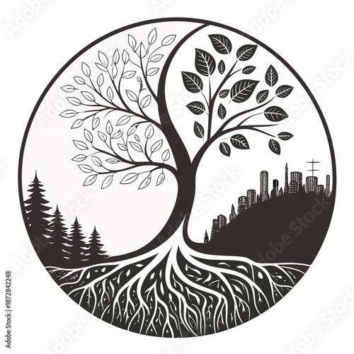 Tree with roots and leaves in circle cityscape and forest