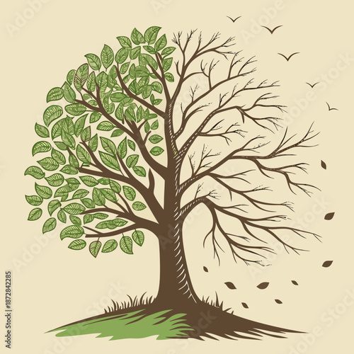 Tree with green and bare branches and leaves falling