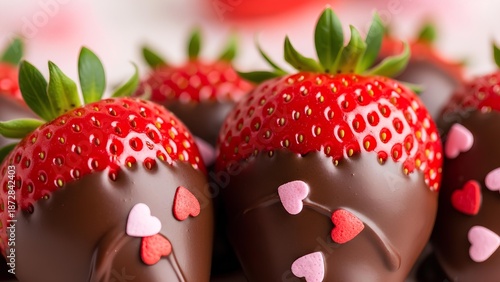 Close-up of fresh red strawberries dipped in rich dark chocolate and decorated with small pink and red heart sprinkles, perfect for Valentine's Day.