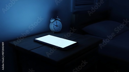 Phone glowing on nightstand next to bed with alarm clock in dark room