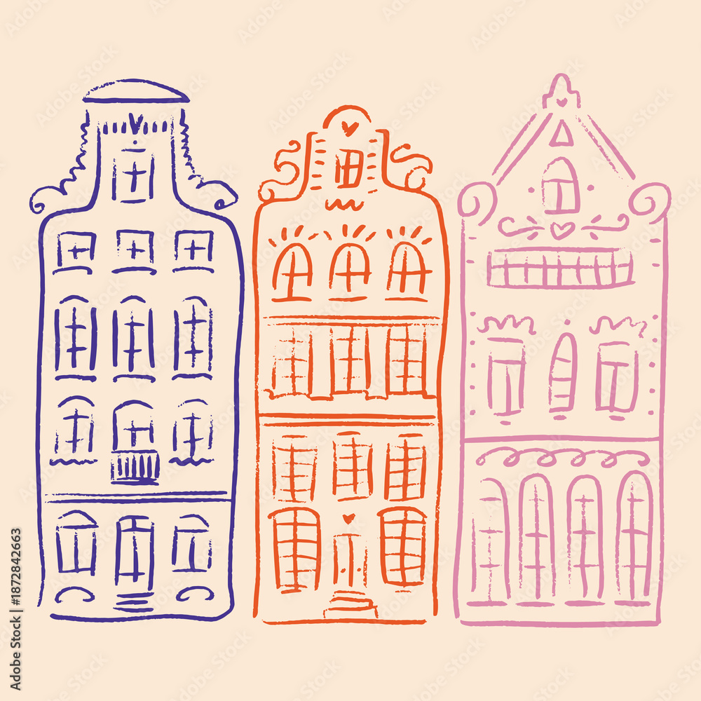 Fototapeta premium Cute Hand Drawn Minimalistic Set Of Whimsical Line Art European City Houses Traditional Dutch Canal Houses Adorable Architecture Of Amsterdam. Good For Posters Educational Graphics Line EPS Clipart