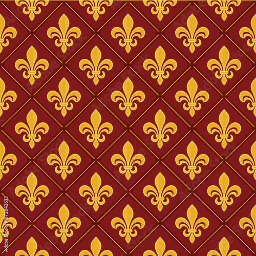 Luxury Seamless Pattern Featuring Fleur-de-lis Motif in Golden Hue on Deep Red Background