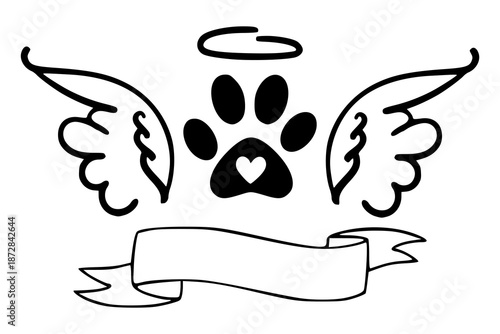 Pet memorial paw print with angel wings and heart vector