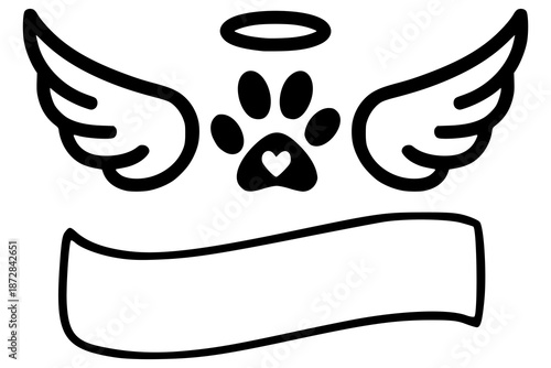 Pet memorial dog paw print with angel wings vector illustration