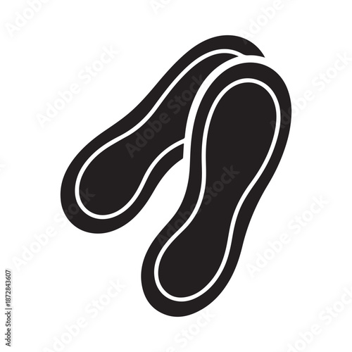 A simple black and white illustration depicts a pair of stylized flip flops or sandals