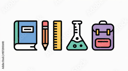 Academic equipment banner with blue textbook pencil yellow ruler green flask and backpack
