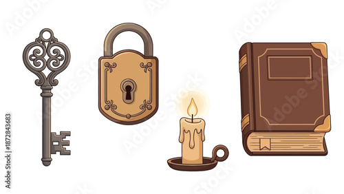 Illustration of a vintage key, padlock, lit candle, and leather-bound book on a white background with warm, earthy tones.