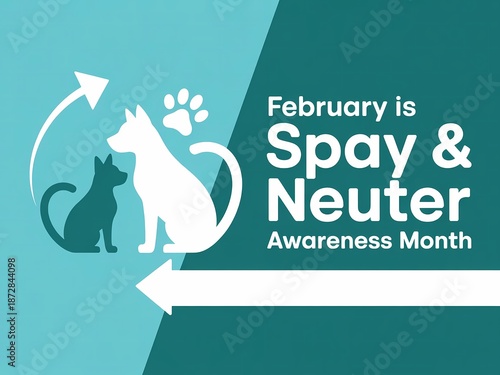 Spay and neuter awareness month graphic with cat and dog icons on colored background