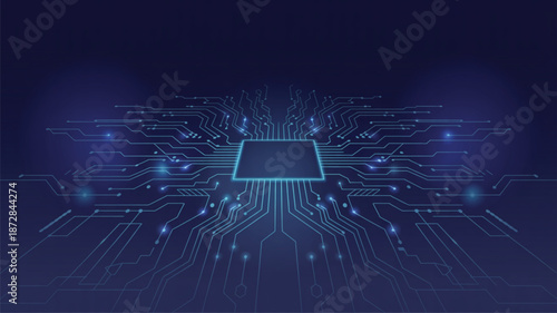 Abstract dark blue circuit board background with glowing central processing unit and lines