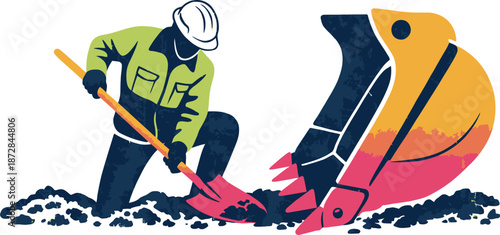 Construction worker digging ground with shovel next to excavator bucket stylized grunge