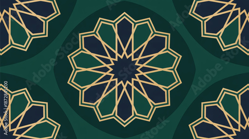 Islamic art background arabesque tile seamless vector pattern in green dark blue gold colors