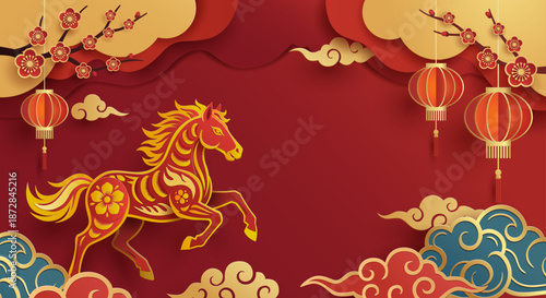 Chinese New Year 2026 Year of the Horse background. Red paper cut horse with plum blossoms, lanterns and copy space.