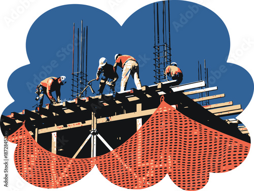 Construction workers building high rise structure with safety net