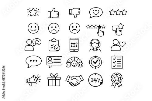 Customer Support  Feedback Line Icons Set – Ratings, Chat, Help Desk, Satisfaction Symbols