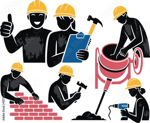 Construction workers perform various building tasks illustration