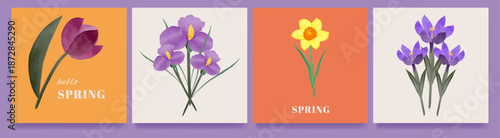A set of vector posters with spring flowers for Mother's Day, March 8th. Tulips, irises, daffodils, and crocuses, painted in watercolor.