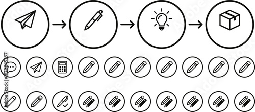 Creative workflow process icon set illustrating idea writing design development delivery steps using minimal outline vector symbols for modern projects