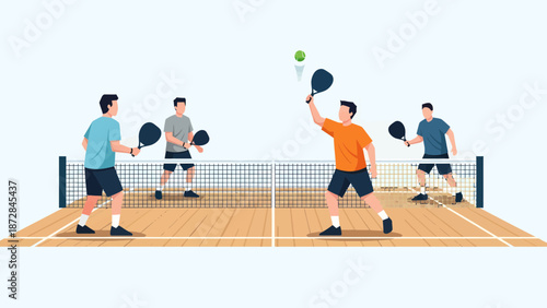 Men Engaged in a Fierce Pickleball Match on an Outdoor Court