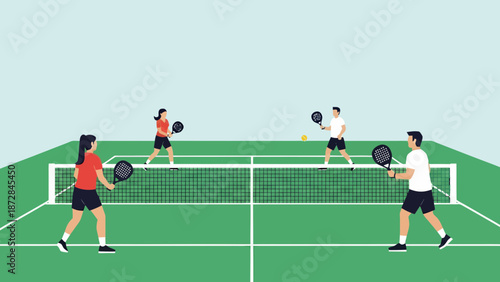 People playing pickleball on a vibrant green court with rackets and ball in a lively doubles match