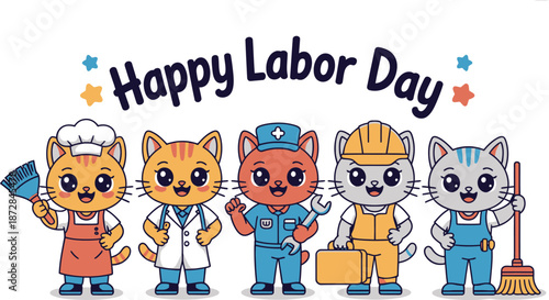 Cute cat characters in various job uniforms for Labor Day