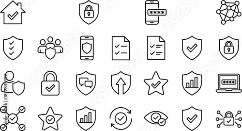Cyber security protection line icons set showing shield lock password verification data privacy network safety technology concepts vector illustration