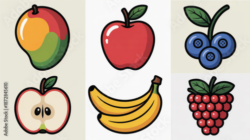 Set of six cartoon style fruit illustrations including mango apple blueberry banana raspberry