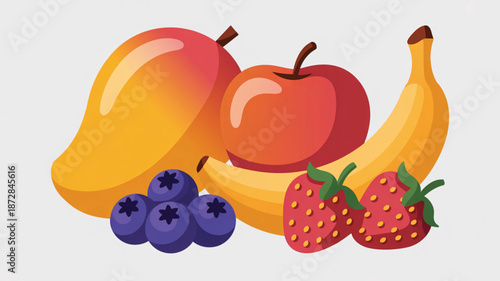 Tropical and temperate fresh fruit group cartoon illustration including mango apple banana blueberry strawberry