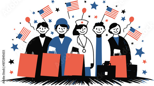 Diverse group of people celebrating Labor Day with flags and shopping bags