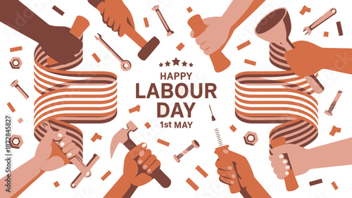 Diverse hands holding work tools Labour Day 1st May earthy colors