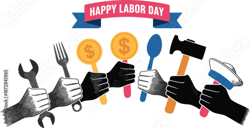 Diverse hands holding work tools money objects Labor Day celebration