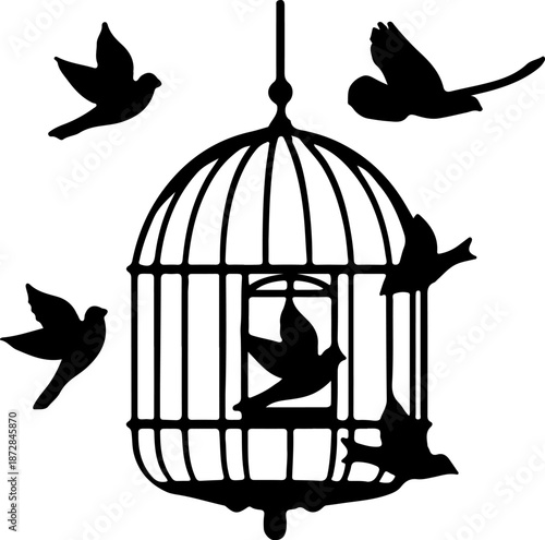 a bird cage with birds flying around it