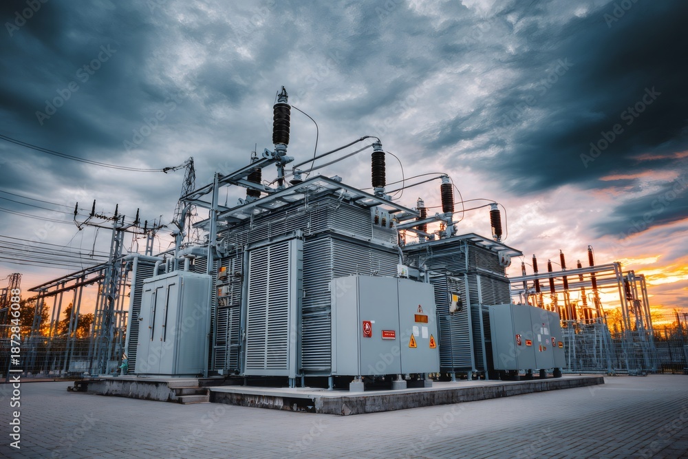 Fototapeta premium Electrical substation with high voltage transformers distributing energy under a dramatic sunset sky
