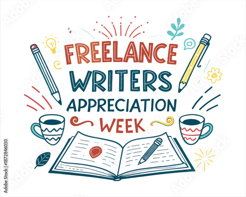 Freelance Writer Celebration Vector Illustration, Blogging and Content Writing Workspace Isolated on White