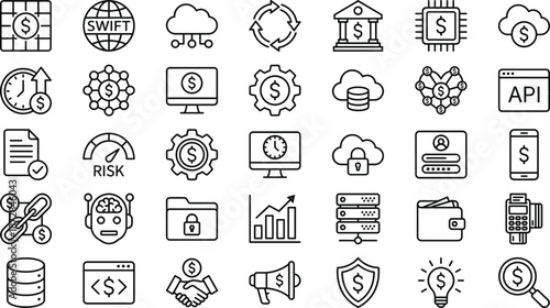 Financial technology outline icons set featuring banking cloud payments security analytics api blockchain investment symbols for modern digital finance platforms