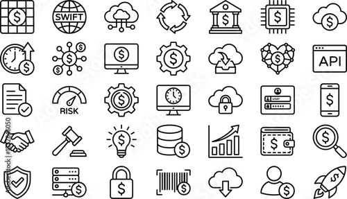 Financial technology outline icons set featuring banking payments cloud money security analytics api investment symbols for modern digital finance platforms
