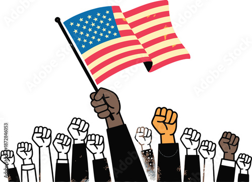 Diverse raised fists holding American flag celebrating unity strength solidarity