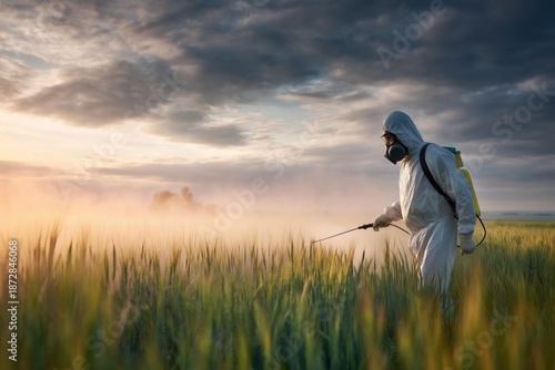 Spraying pesticides on a wheat field in protective clothing